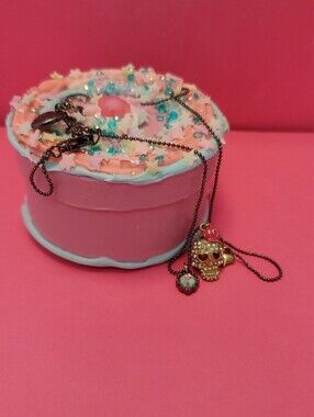 Betsey Johnson Gold-Tone Skull Necklace with Pink Crystal & Heart Charms